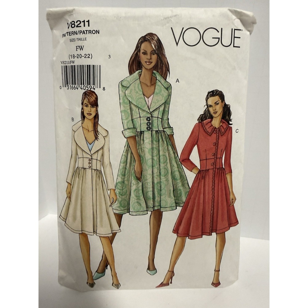 Vogue V8211 - UNCUT Retro Coat Dress Pattern - Sz 18, 20, 22  Fit & Flared